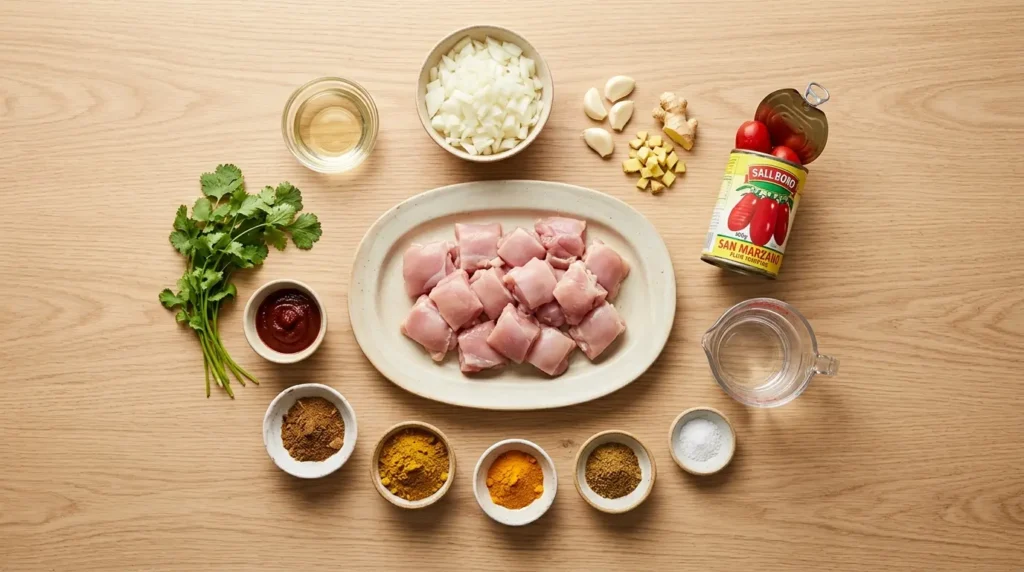 A flat lay of fresh ingredients organized for chicken curry from scratch, including diced chicken thighs, onions, garlic, ginger, tinned tomatoes, spices, and fresh herbs on a light wooden surface.