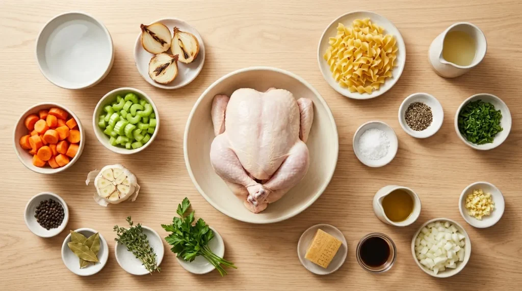 A detailed list of fresh ingredients for chicken soup recipe, including a whole chicken, vegetables, herbs, and spices on a wooden surface.