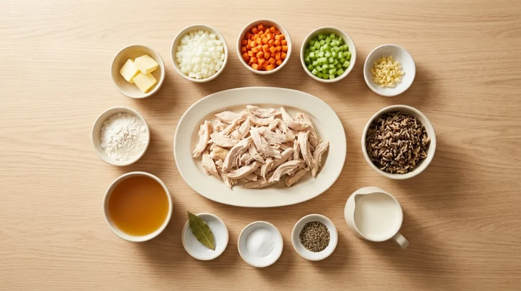 A flat lay arrangement of fresh ingredients including shredded chicken, wild rice, vegetables, broth, and cream, prepared for a chicken and wild rice soup recipe.