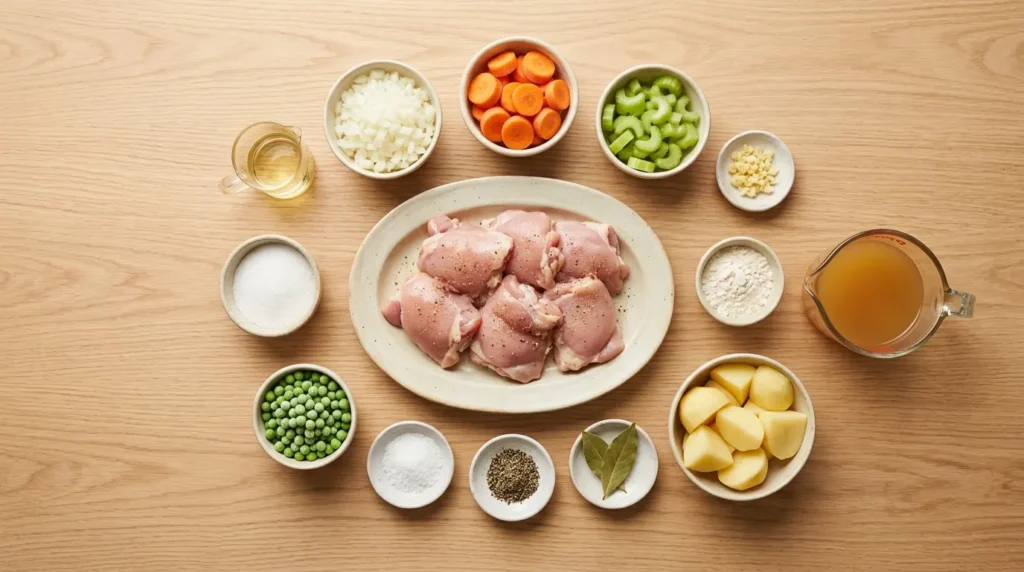 A flat lay arrangement of fresh ingredients including chicken thighs, diced vegetables, flour, stock, potatoes, and spices, prepared for a hearty chicken stew.