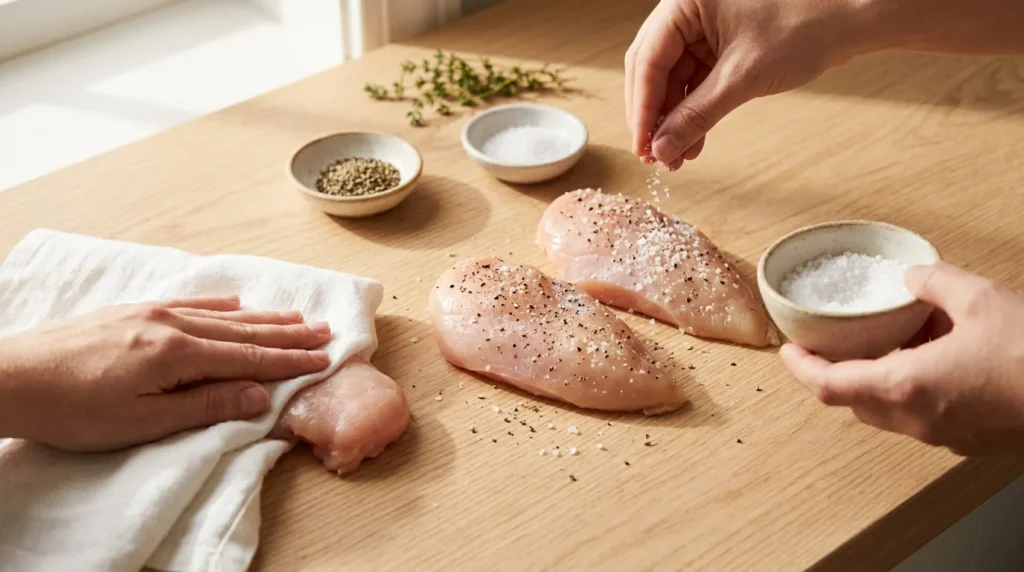 Ek haath se chicken breasts ko pat dry kiya ja raha hai aur doosre haath se un par namak aur kali mirch chhirki ja rahi hai, jo Instant Pot Chicken and Rice recipe ke liye taiyar kiya gaya hai.