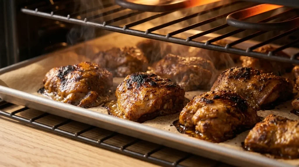 Oven mein broil hote hue chicken shawarma ke pieces jin par halki si charred edges nazar aa rahi hain, jo chicken shawarma recipe ke liye tayar kiya gaya hai.