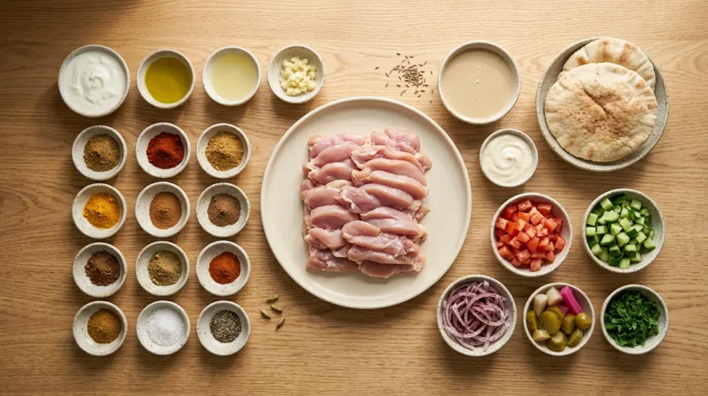 A flat lay arrangement of fresh ingredients including chicken thighs, yogurt, olive oil, lemon juice, spices, garlic, pita bread, tomatoes, cucumbers, and pickles on a light oak wood counter, prepared for a chicken shawarma recipe.