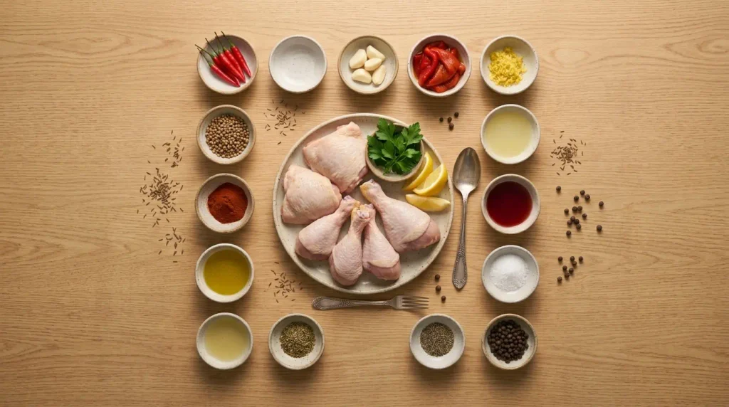 Flat lay of raw chicken pieces and spices in small bowls for Piri Piri Chicken.