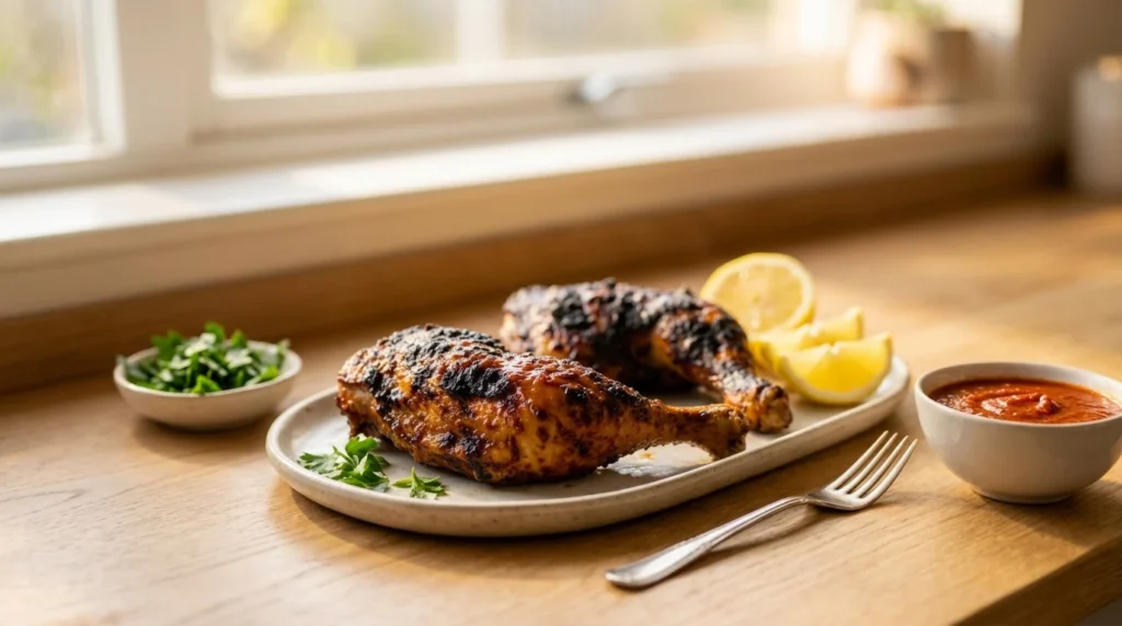 Resting Piri Piri Chicken served with lemon wedges, parsley, and extra sauce.