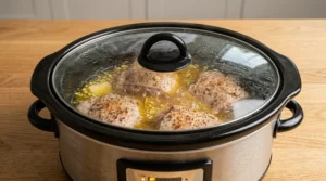 A slow cooker chicken thighs filled with seasoned chicken thighs in a savory broth is covered with its glass lid, cooking on the "low" setting. This gentle, steady heat environment is crucial for tenderizing the meat over 4 to 5 hours. The lid remains sealed to maintain a consistent temperature, as opening it prematurely releases heat and adds significant cooking time to the process.