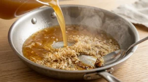 Chicken broth is poured into a skillet containing toasted rice, a vital step in crafting the perfect one pan chicken and rice dinner. Pour in 2.5 cups of chicken broth and immediately stir to scrape up any flavorful fond from the bottom of the pan before bringing the mixture to a boil. This process incorporates all the delicious browned bits into the liquid, ensuring a deeply savory and professional-quality base for your simple, crowd-pleasing home cooked meal.