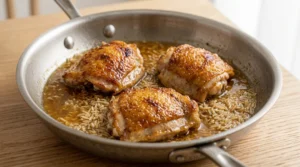 Seared chicken thighs are placed skin side up on top of a mixture of rice and broth in a skillet to finalize the cooking process for a delicious one pan chicken and rice dinner. Ensuring the crispy skin remains above the liquid line is key to maintaining texture. After positioning the chicken, cover the skillet tightly, reduce the heat to medium-low, and cook for 20 minutes without lifting the lid to allow the ingredients to steam together perfectly for a professional and flavorful home cooked meal.