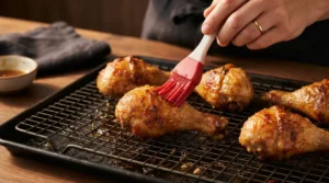 A pastry brush applying glaze to baked chicken drumsticks on a wire rack, demonstrating the optional glazing step for crispy baked chicken drumsticks.