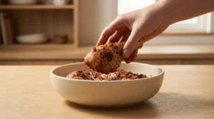 A hand holding a seasoned chicken drumstick coated in a spice paste above a bowl on a wooden table, demonstrating the dry rub step for crispy baked chicken drumsticks.