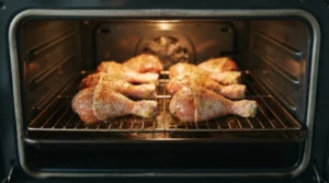 Seasoned chicken drumsticks baking on a wire rack inside an oven, showcasing the first round of baking for crispy baked chicken drumsticks.