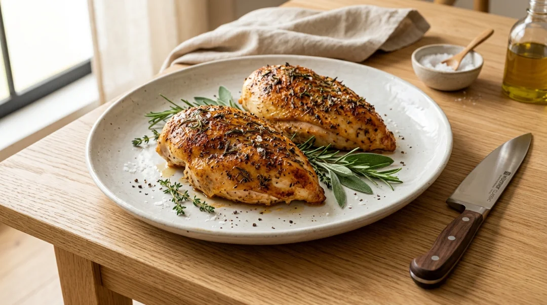 Two beautifully seasoned, golden-brown chicken breasts are plated on a rustic ceramic dish alongside fresh herbs on a light oak wood table. This premium presentation captures the juicy, flavorful essence of a perfectly prepared Baked Chicken Breast. By following our professional, high-heat cooking method, you ensure a tender result that is ideal for meal prepping or a sophisticated family dinner. This essential recipe is designed to deliver consistent, delicious, and restaurant-quality results that will impress everyone at your table and make your home cooking look truly professional and inviting for every single meal