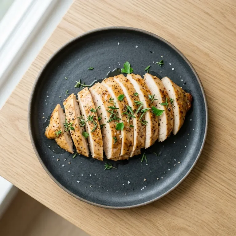 A beautifully sliced Baked Chicken Breast served on a matte charcoal plate, garnished with fresh herbs on a light oak wood table. This premium presentation showcases the perfectly cooked, golden-brown exterior and tender interior of the chicken. Following our professional techniques ensures a flavorful, moisture-rich result that makes this recipe a crowd-pleaser. Whether you are meal prepping or hosting a dinner, this dish offers a sophisticated and delicious option that is easy to master and guaranteed to impress your family and friends at every single meal