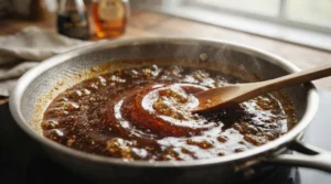 A rich, bubbling sauce made of honey, soy sauce, and rice vinegar simmers in a stainless steel skillet, forming the flavorful heart of the best honey garlic chicken thighs. To prepare the sauce, add these ingredients to the pan, stir to combine, and bring the mixture to a gentle simmer. Cook for approximately two minutes until the liquid slightly reduces and darkens, creating a glossy, thickened glaze that is perfect for coating your cooked chicken and completing this restaurant-style meal with professional, delicious results that everyone will love