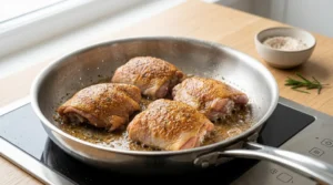 Golden-brown chicken thighs sear to perfection in a shimmering stainless steel skillet, achieving the ideal crust required for the best honey garlic chicken thighs. To master this technique, heat oil over medium-high heat, add chicken smooth side down, and allow it to cook undisturbed for five to six minutes until it releases naturally from the pan. After flipping, cook for another five to six minutes until reaching an internal temperature of 165°F, then remove the chicken while keeping the flavorful rendered fat in the pan to build your delicious sauce base for this restaurant-style meal!