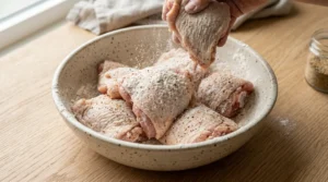 A hand gently tosses raw chicken thighs in a bowl containing a light coating of cornstarch, garlic powder, smoked paprika, salt, and pepper to prepare the best honey garlic chicken thighs. Patting the chicken completely dry before coating is a crucial step that ensures the seasoning mixture adheres evenly to every piece, creating the ideal base for a crispy, flavorful result that makes this recipe a true standout in your kitchen repertoire