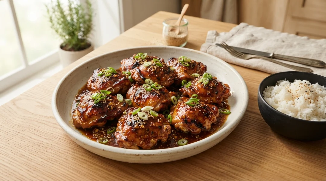 A large, rustic ceramic platter showcases perfectly glazed, golden-brown chicken thighs coated in a rich, flavorful sauce and garnished with toasted sesame seeds and fresh green onions, sitting alongside a bowl of steamed rice on a light oak wood table. This premium presentation highlights the juicy, caramelized finish of the best honey garlic chicken thighs, making it an ideal choice for a comforting yet sophisticated family meal. By following our professional, foolproof techniques, you can easily achieve this restaurant-quality result in your own kitchen, ensuring every bite is packed with delicious flavor that will impress your family and friends at every single dining occasion