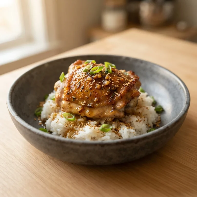 A perfectly glazed, golden-brown chicken thigh sits atop a bed of fluffy steamed rice in a textured charcoal bowl, garnished with toasted sesame seeds and fresh green onion for the best honey garlic chicken thighs. This visually stunning and flavorful dish brings professional, restaurant-quality results directly to your kitchen table. By mastering the art of the perfect sear and a rich, honey-infused glaze, you can create a comforting yet sophisticated meal that is guaranteed to impress your family and friends at every single dining occasion