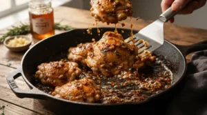 A spatula lifts a perfectly glazed chicken thigh from a cast iron skillet, showing the final stage of making the best honey garlic chicken thighs. To finish the dish, return the cooked chicken to the pan and spoon the thickened sauce over each piece. Continue cooking together on medium heat for two minutes until the sauce adheres and caramelizes slightly on the surface, ensuring a rich, flavorful, and professional-grade finish that makes this meal truly exceptional for your family dinner