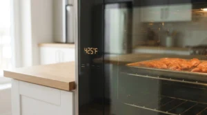 The digital display of a modern oven showing 425 degrees Fahrenheit, confirming the perfect temperature for cooking. A tray of seasoned chicken wings sits inside, visible through the glass door. The scene is set in a bright kitchen with a light oak wood counter and natural window light. This setup strictly follows our no utensil rule to keep the focus on professional prep. Achieving this heat is essential for crispiness