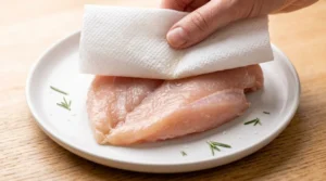 A hand uses a paper towel to pat a raw, butterflied chicken breast dry on a plate, an essential technique for achieving the perfect juicy air fryer chicken breast. To ensure even cooking and optimal texture, butterfly each breast by slicing horizontally through the middle, stopping before cutting all the way through, and opening it flat, or alternatively pounding it to a 3/4 inch even thickness. Thoroughly drying the chicken on both sides is the secret to a professional, high-quality result that guarantees tender, succulent meat every single time you cook in your air fryer.