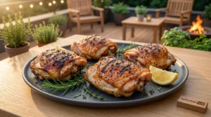 A plate of grilled chicken thighs is presented with fresh herbs and a lemon wedge, having reached the perfect internal temperature and rested before serving. To ensure safety and quality, the internal temperature should read at least 165°F at the thickest part, away from the bone, according to USDA safe minimum cooking temperatures. For a more tender result, you can pull the chicken when it reaches between 170°F and 175°F. Always allow the chicken to rest for 5 minutes before serving to ensure the best texture and flavor.