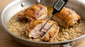 A digital thermometer reading 165°F is inserted into a chicken thigh in a skillet to confirm it has reached the USDA safe minimum internal temperature for your one pan chicken and rice dinner. After 20 minutes of cooking, the rice should have absorbed the liquid; if the rice is done but the chicken needs more time, transfer the skillet to a 400°F oven for 5 to 10 minutes. If the chicken is cooked but the rice remains slightly underdone, remove the chicken, stir in 2 tablespoons of broth, cover, and cook on low for an additional 3 to 5 minutes to ensure a perfectly finished, professional-quality meal.