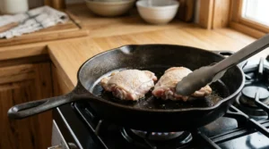 A pair of kitchen tongs carefully places raw chicken thighs, skin-side down, into a cold, oiled cast iron skillet, a foundational technique for achieving perfect stovetop crispy chicken thighs. Starting with a cold pan allows the fat to render gradually as the heat increases, which is the secret to developing the most delicious, crispy texture for stovetop crispy chicken thighs.