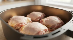 To begin cooking Air Fryer Chicken Thighs, place the chicken thighs skin side down in a single layer in the air fryer basket, ensuring they are not touching. Air fry the chicken at 380°F for 12 minutes to start the process, and then carefully flip each thigh skin side up. This specific technique is essential for achieving the best texture and even cooking, ensuring that your Air Fryer Chicken Thighs come out perfectly golden and delicious every time you make them.