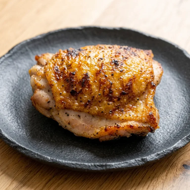 A single, perfectly cooked Air Fryer Chicken Thigh with irresistible golden-brown, crispy skin is showcased on a rustic black plate, highlighting the delicious results of this simple cooking method. This close-up view emphasizes the expertly rendered skin and succulent meat, demonstrating why Air Fryer Chicken Thighs are the ultimate easy weeknight dinner choice for anyone looking for restaurant-quality flavor prepared right at home.