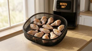 Seasoned chicken wings arranged in a single layer inside an air fryer basket, placed on a light oak wood kitchen counter. The wings appear pale as the fat begins to render under the skin at 380°F. The modern air fryer is nearby, set in bright natural light. This step is vital for the ultimate crispy texture. Flip every wing carefully after twelve minutes to ensure perfectly even cooking for the absolute best results ever!
