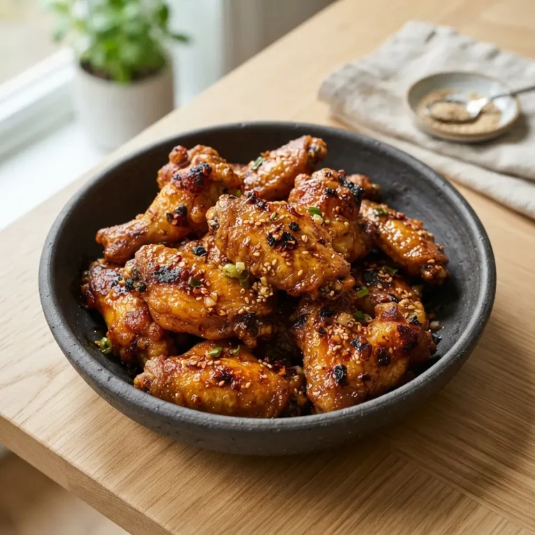 A high-angle view of glossy, perfectly sauced Air Fryer Chicken Wings arranged on a minimalist matte charcoal stoneware plate. The dish rests on a light oak wood table under bright, airy natural light. This professional presentation style highlights the rich, sticky glaze and the appealing texture of the wings. The perfect balance of color and composition creates a premium home-cooked treat that looks absolutely delicious and appetizing for any occasion