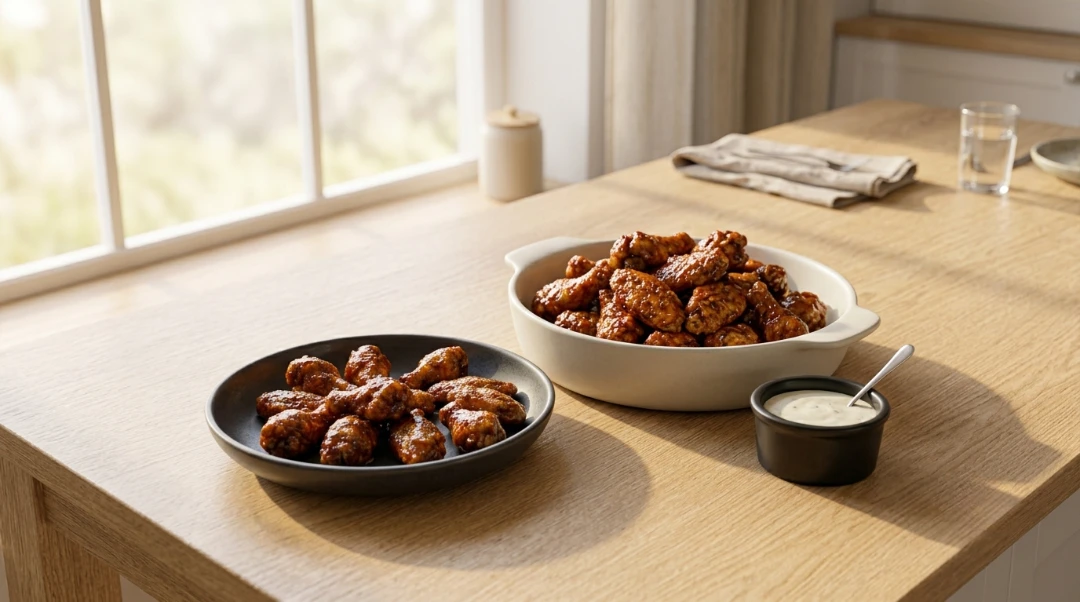 A beautiful spread of glossy, sauced chicken wings served on both a matte charcoal plate and an off-white ceramic dish. A small black bowl of creamy dipping sauce with a spoon sits on a light oak wood table. The scene is illuminated by bright natural window light, creating an inviting and professional atmosphere perfect for hosting. This premium setup highlights the delicious texture and rich glaze of these wings