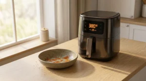 A modern air fryer sits on a light oak wood kitchen counter with its digital display clearly showing a preheat temperature of 380°F. Beside it is an empty stoneware bowl, all set against bright natural window light. This setup emphasizes the importance of preheating the appliance to ensure even cooking results for every single wing in the batch. Following this professional, clutter-free method is the absolute best way to achieve the perfectly crispy wings you want