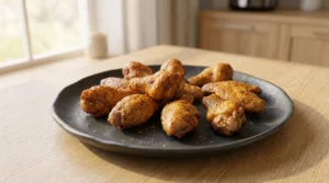 Golden brown, perfectly cooked chicken wings rest on a matte charcoal stoneware plate on a light oak wood table. The wings are captured in bright natural window light as they cool, a crucial step for achieving the best texture. Allowing the wings to rest for five minutes after being removed from the air fryer lets the skin firm up noticeably, ensuring every bite is delightfully crispy and delicious for you