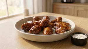 A plate of glossy, sauced chicken wings is presented on an off-white stoneware plate, accompanied by a small bowl of creamy dipping sauce, set on a light oak wood table in bright natural window light. This image showcases the final step of tossing the wings lightly in your choice of sauce—buffalo, honey garlic, lemon pepper, or garlic parmesan—and serving them immediately for the most flavorful, crispy experience ever