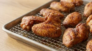 The final result of perfectly baked chicken wings resting on a wire rack over a baking sheet on a light oak wood table. The wings are deep golden brown and have a firm, crispy skin, captured in bright natural window light. This setup follows our zero utensil rule to showcase the final product clearly. Achieving this level of crispiness through careful flipping is the ultimate secret for the best wings ever