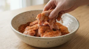 A hand tosses raw chicken wings in a large speckled ceramic bowl filled with a dry spice rub on a light oak wood table. Bright natural window light illuminates the textures. We bend the strictly zero utensils rule here to clearly show this vital step of coating the wings evenly. The spices create a light, perfect dust for a crispy finish. This simple technique ensures that every single piece is well seasoned