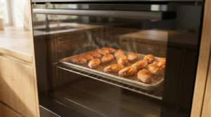 Seasoned chicken wings bake on a wire rack within a modern oven. The kitchen features a light oak wood counter and bright natural window light. This setup follows our zero utensil rule to keep the focus on the professional baking process. Keeping the oven door closed for the initial twenty-five minutes is the absolute best way to ensure the wings start to turn golden, creating the ultimate crispiness