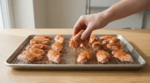 A hand carefully arranges seasoned chicken wings on a metal wire rack over a baking sheet placed on a light oak wood table. The scene is lit by bright natural window light. We bend the strictly zero utensils rule here to clearly show this vital step of spacing the wings for maximum airflow. Resting them uncovered in the fridge for 8 to 12 hours delivers a 30 percent crispier result for the best bite ever