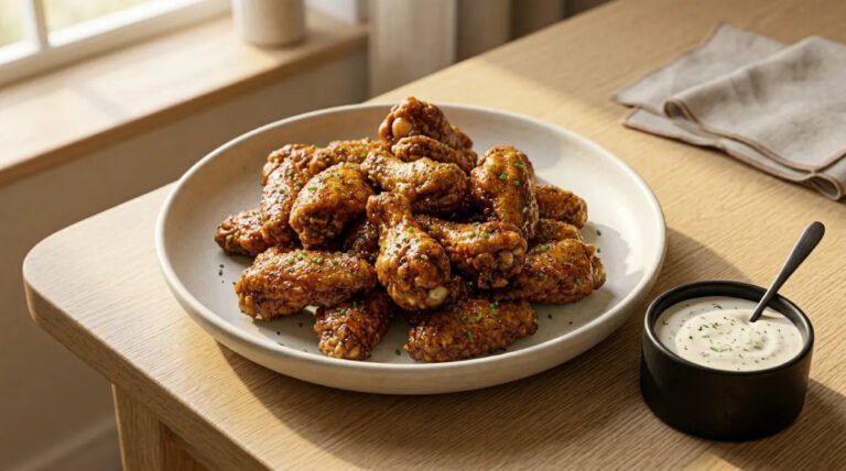 A plate of glossy, sauced chicken wings piled high on a minimalist off-white ceramic plate. Beside the plate sits a small black bowl of creamy dipping sauce with a spoon, both placed on a light oak wood table. The scene is illuminated by bright, natural window light to highlight the savory glaze. This professional presentation showcases the perfect appetizer, with every detail designed to make the food stand out and look its absolute best