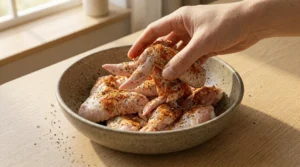 A hand gently tosses raw chicken wings in a large, earthy stone bowl to ensure every piece is perfectly coated in a seasoning blend of baking powder, salt, garlic powder, smoked paprika, and black pepper. The bowl rests on a light oak wood table under bright natural light. This step is essential for creating a uniform, delicious crust. Proper seasoning is the foundation for achieving the most crispy and flavorful wings possible ever