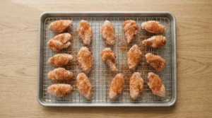 op-down view of seasoned chicken wings arranged perfectly on a metal wire rack inside a baking sheet on a light oak wood table. Bright natural window light illuminates the raw wings, which are spaced apart to ensure even cooking. This clean shot follows our zero utensil rule to showcase the ideal setup. Proper spacing prevents steaming and is the essential trick for achieving the most crispy skin possible every single time