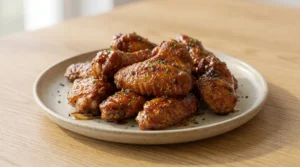A plate of glossy, sauced chicken wings sits on a light oak wood table, beautifully illuminated by bright natural window light. The wings are coated in a rich honey garlic glaze with a sprinkle of fresh herbs. This presentation follows our style of using high-quality stoneware to make the food stand out, focusing on the appetizing, sticky finish. Serve these immediately for the most delicious bite ever