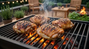 Grilled Chicken thighs are grilled over direct heat, skin-side down, to create a deep golden and charred finish. This essential final step involves grilling with the lid open for 3 to 5 minutes to achieve the desired char, followed by flipping and grilling the second side for 2 to 3 minutes. Any flare-ups are managed by temporarily moving the chicken to the indirect side of the grill, ensuring the meat cooks perfectly without burning.