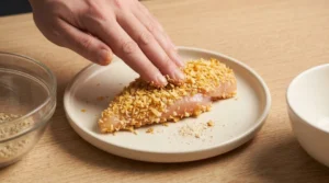 Hands pressing panko breadcrumbs onto a chicken tender on a plate, demonstrating the double dredge step for crispy chicken tenders without deep frying.