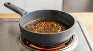 A small saucepan sits on a stovetop over medium-high heat, containing a bubbling, dark, and flavorful pan sauce that is being reduced from the slow cooker liquid. This optional finishing step transforms the flavorful juices from the slow cooker into a rich, slightly thickened sauce that enhances the finished chicken thighs.