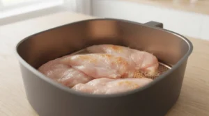 Raw, seasoned chicken breasts are arranged in a single layer within an air fryer basket, ensuring they are not touching to allow for even airflow, which is a key step for a juicy air fryer chicken breast. Place the breasts in a single layer and cook them at 375°F for 7 minutes to begin the process. Following these precise initial cooking instructions is essential for achieving the perfect balance of tender, succulent meat and even heating that makes this easy recipe a reliable favorite for any meal.