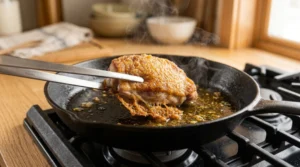 A pair of kitchen tongs flips a golden-brown chicken thigh in a cast iron skillet, a vital step in ensuring your stovetop crispy chicken thighs are cooked through evenly. Once flipped, reduce the heat to medium-low and cook for 10 to 12 minutes, or until the internal temperature reaches 165°F, ensuring your stovetop crispy chicken thighs are both safe and delicious.