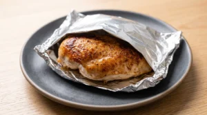 A perfectly cooked, golden-brown chicken breast rests on a plate, loosely covered by a foil tent, which is a vital step for achieving a juicy air fryer chicken breast. To perform this step, place the cooked chicken on a plate and tent it loosely with aluminum foil for 5 minutes. This technique works because the loose foil traps just enough light steam to prevent the surface of the meat from drying out, while ensuring the exterior texture remains perfectly intact without becoming soft or soggy.